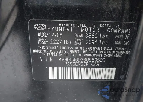 2008 Hyundai Elantra Gls/Se from USA, damaged, VIN KMHDU46D38U569500